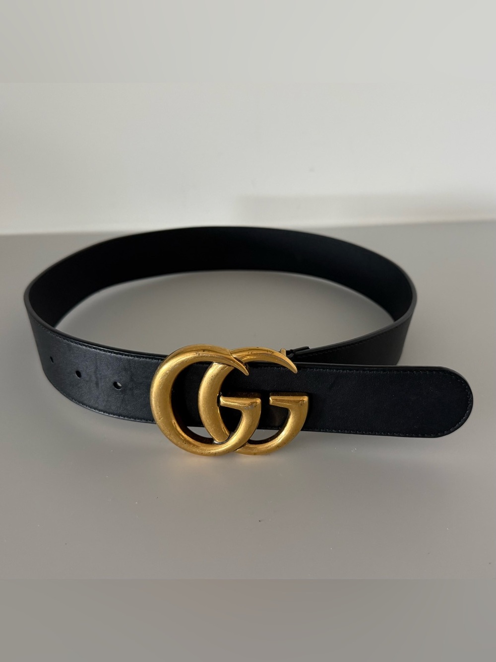Gucci GG Marmont Wide Black Leather Belt with Gold Interlocking GG Buckle